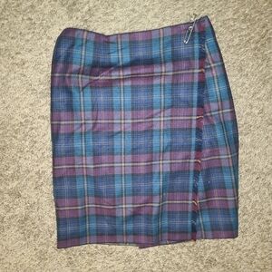 Vintage L.L. Bean Windowpane Blue Purple Wool Fringe Wrap MIDI Skirt Siz…